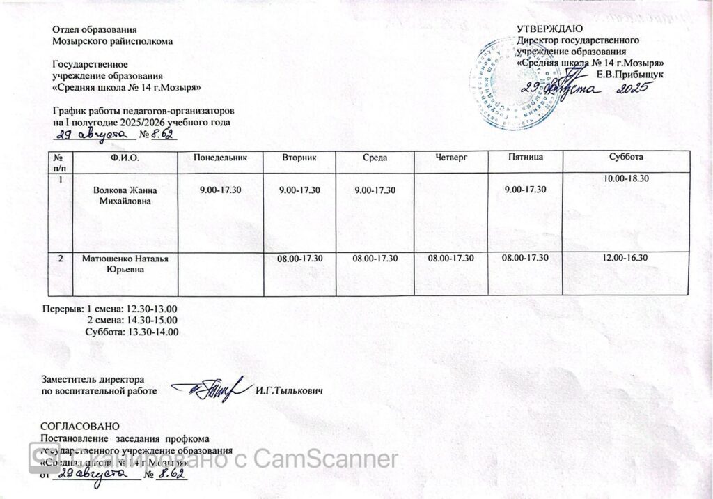 График работы педагогов-организаторов